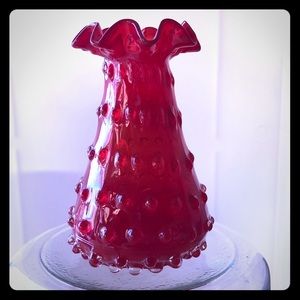 Ruby Red Hobnail Vase crimped lip unmarked love